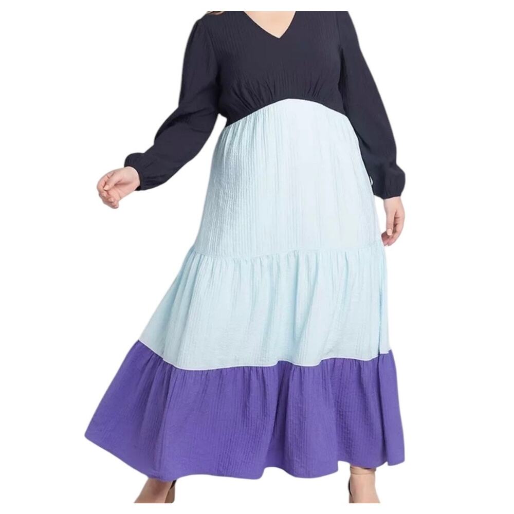 Lane Bryant Colorblock Maxi Dress Size 20 Blue Black Cottagecore Boho‎ Tiered